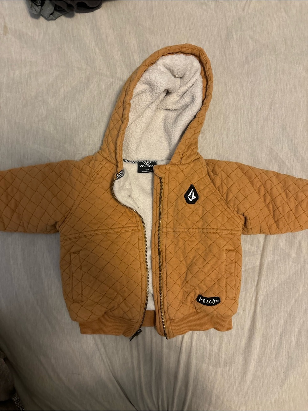 Volcom Kids Quilted Hooded Jacket in Camel Yellow
